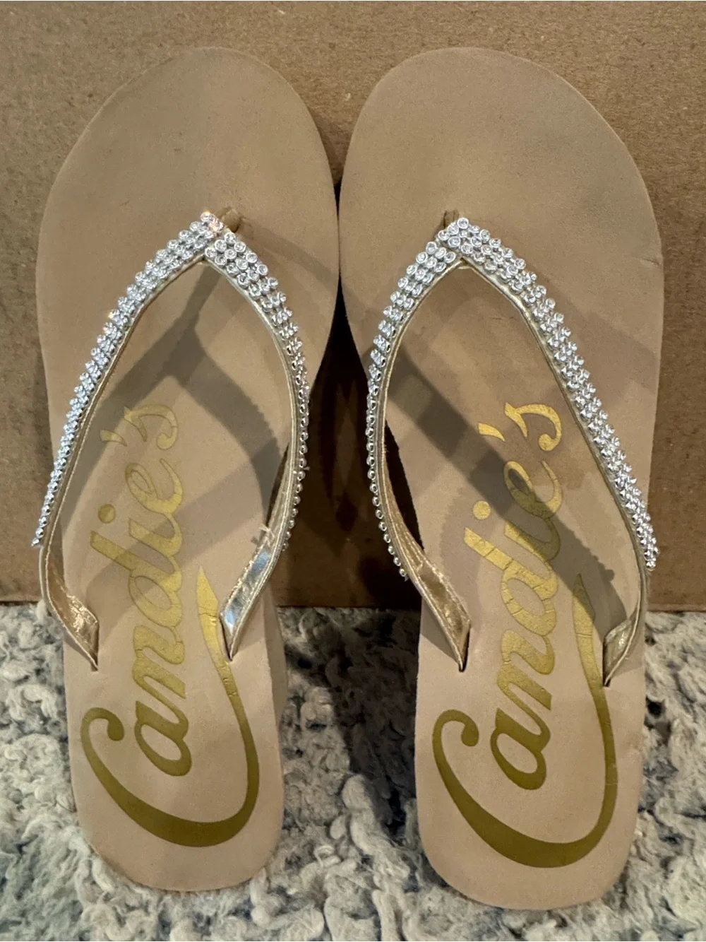 Candie's Nude Rhinestone Wedge Flip Flops